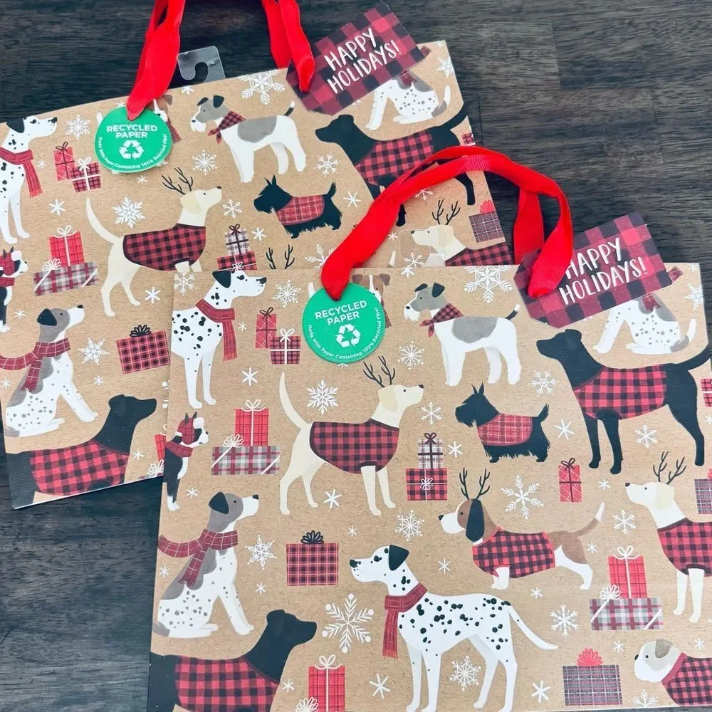 Christmas Farmhouse Holiday Plaid Dogs 2-pc Gift Bags